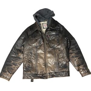Levi Strauss Co Distressed Grunge Sherpa Lined Faux Leather Hooded Jacket
